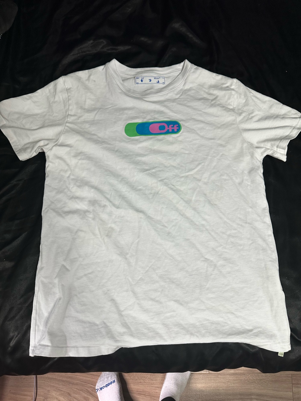 Off-White White T-Shirt with Green, Blue and Pink Logo